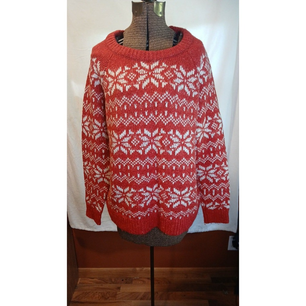 Abercrombie & Fitch Mens XL Red Fair Isle Snowflake Chunky Knit Sweater Pullover